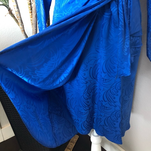 VTG 80s Lauren Alexandra Blue Silk Faux Wrap Dress - Picture 9 of 11